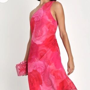 Lulus Pretty Serene Pink Floral One-Shoulder Asymmetrical Midi Dress Small New
